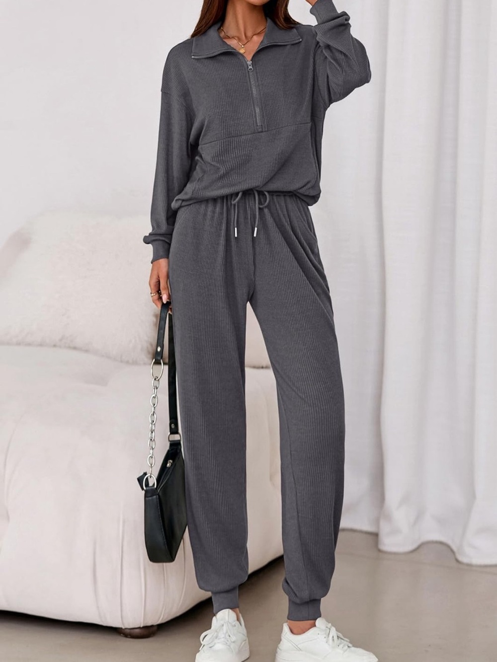 PrettyGarden Women’s Casual Ribbed Lounge Pants Set - Dk Gray